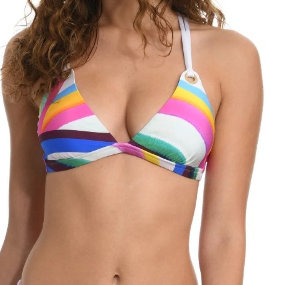 Sunshine79 Retro Rainbow Banded Halter Triangle Top Size 8